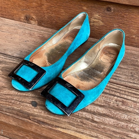 ROGER VIVIER | teal suede ballet flats with black buckle size 35.5 USA 5 - Picture 1 of 7